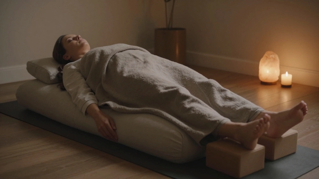 Person relaxing fully supported by props in restorative yoga
