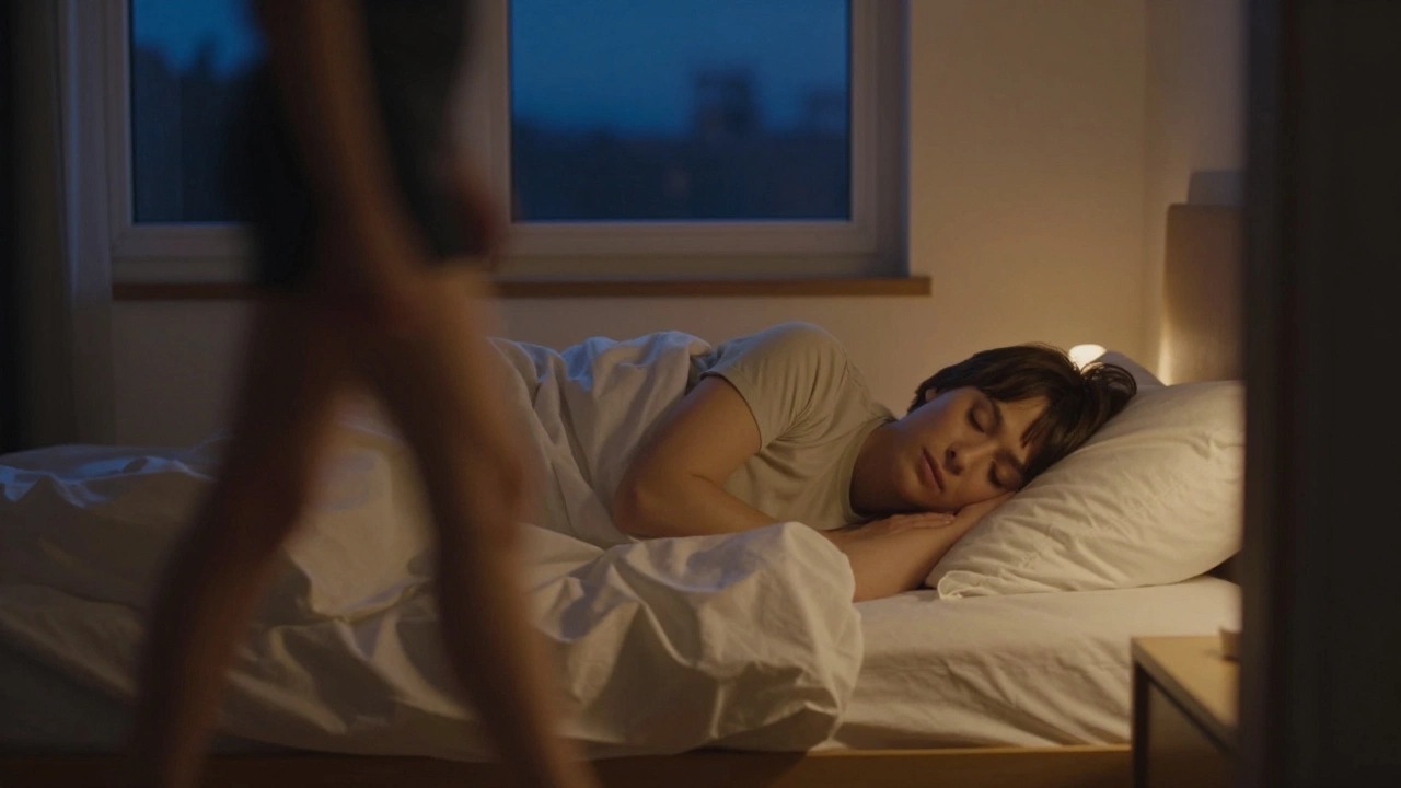 Person sleeping peacefully in a dimly lit bedroom