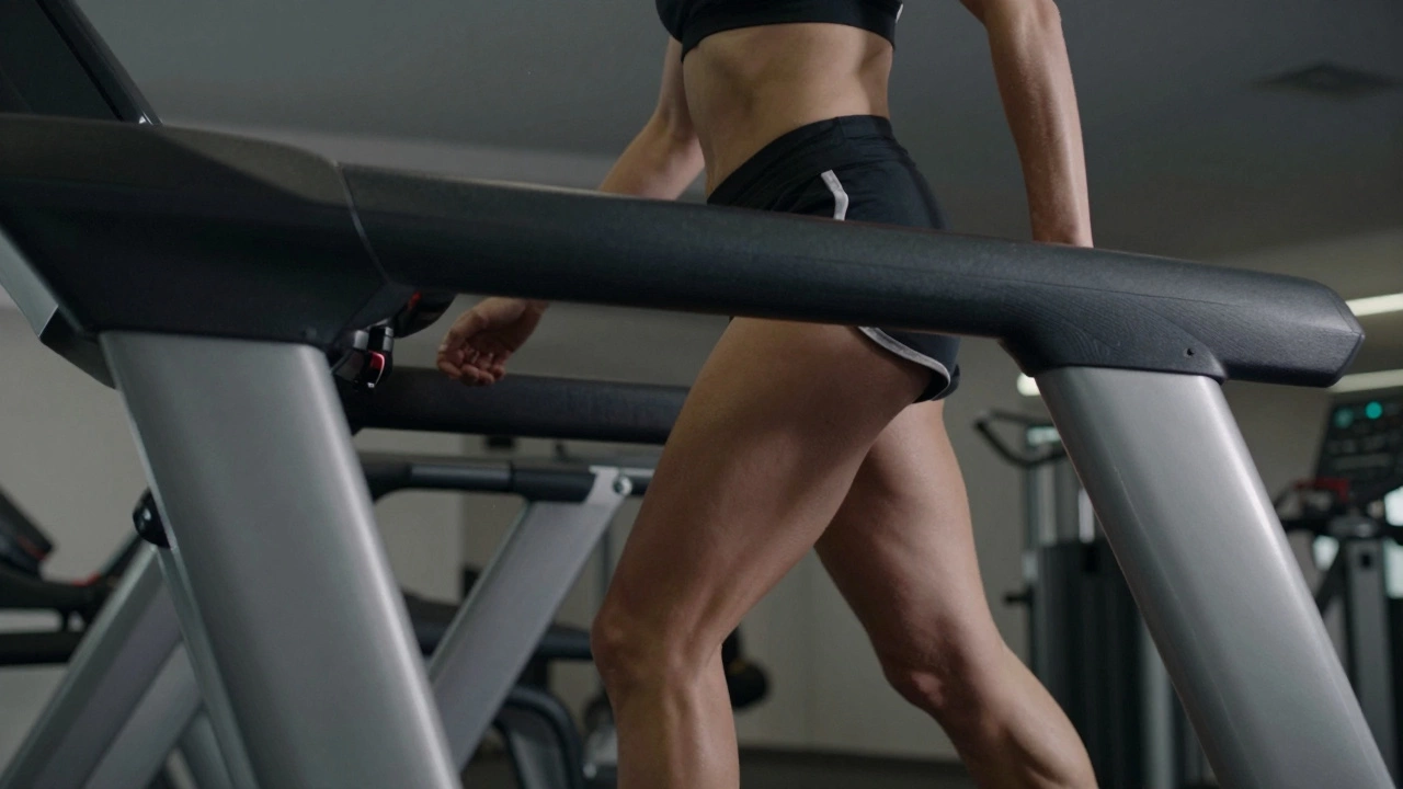 Runner maintaining proper upright posture on a steep treadmill incline.