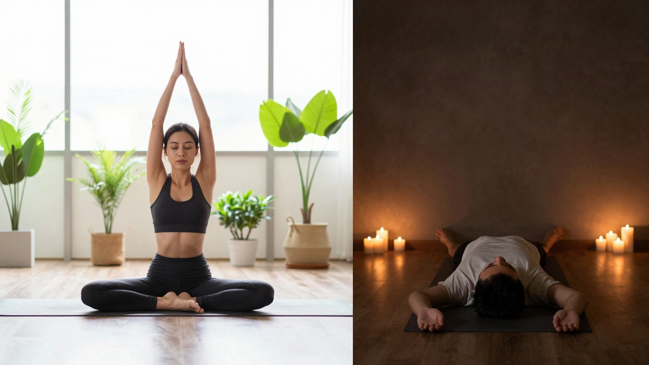 Split view of energetic morning and restful evening yoga