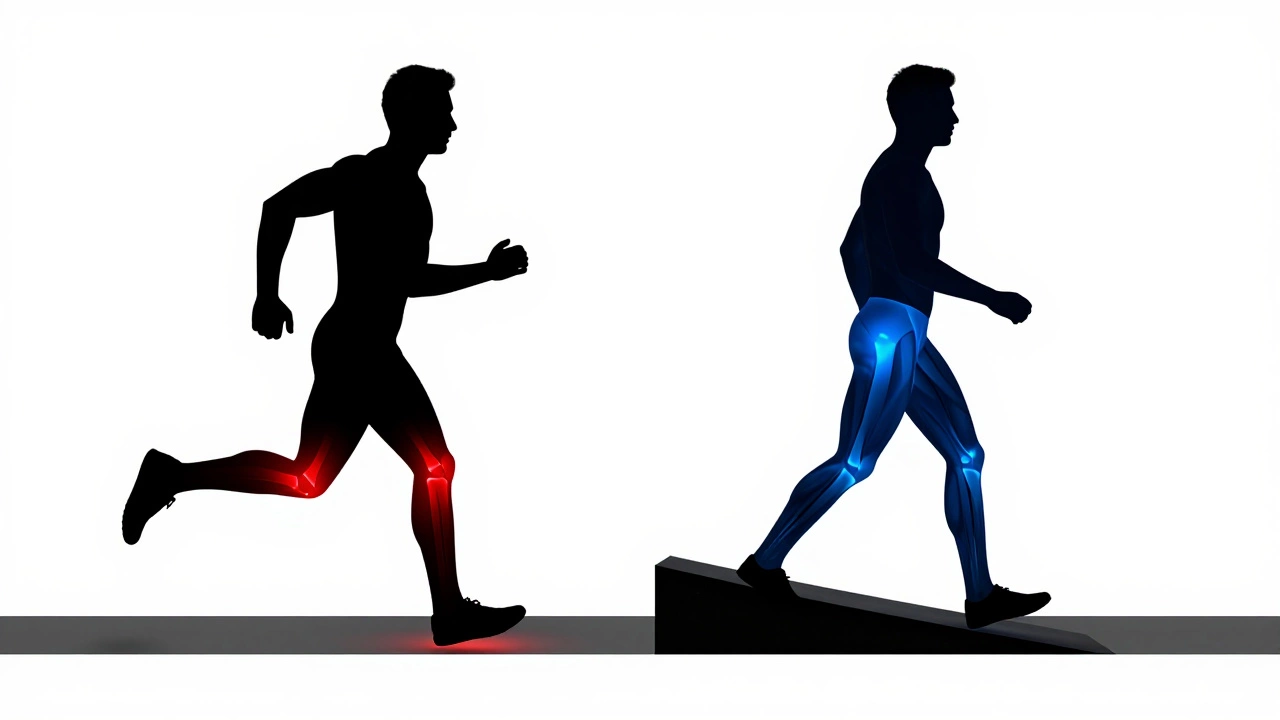 Visual comparison of high-impact running vs low-impact incline walking.