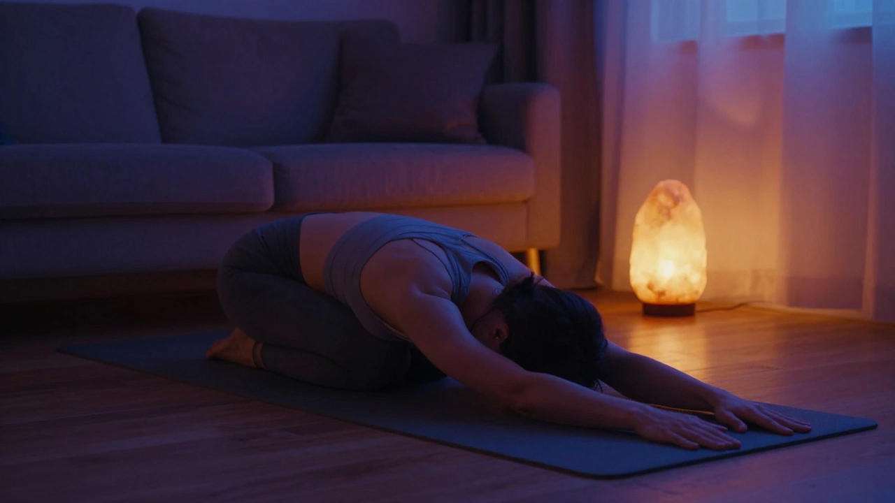 Woman stretching in dimly lit room for evening yoga