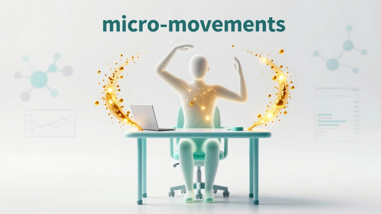 Abstract 3D art showing glowing particles around a seated figure, symbolizing metabolic benefits of micro-movements.