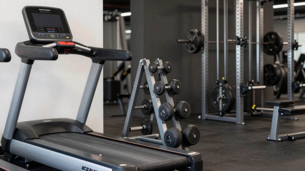 Close-up of standard gym equipment vs heavy weights in background