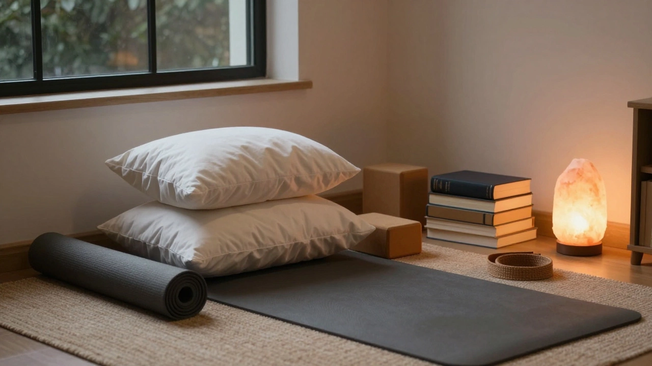 Cozy home setup with pillows and books used as yoga props