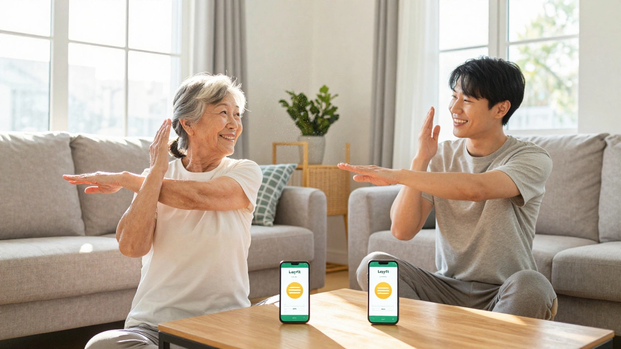 Elderly woman and young adult doing gentle seated stretches together in a sunlit living room.