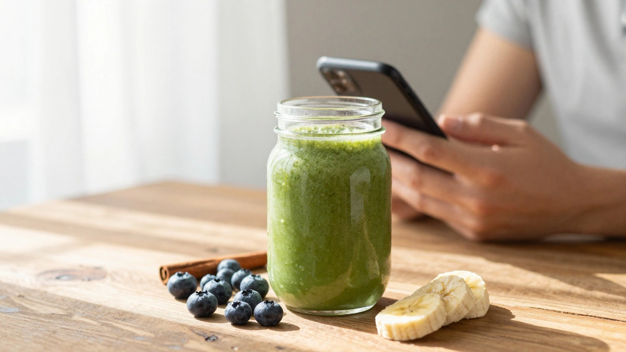 Green smoothie breakfast with berries and cinnamon on table