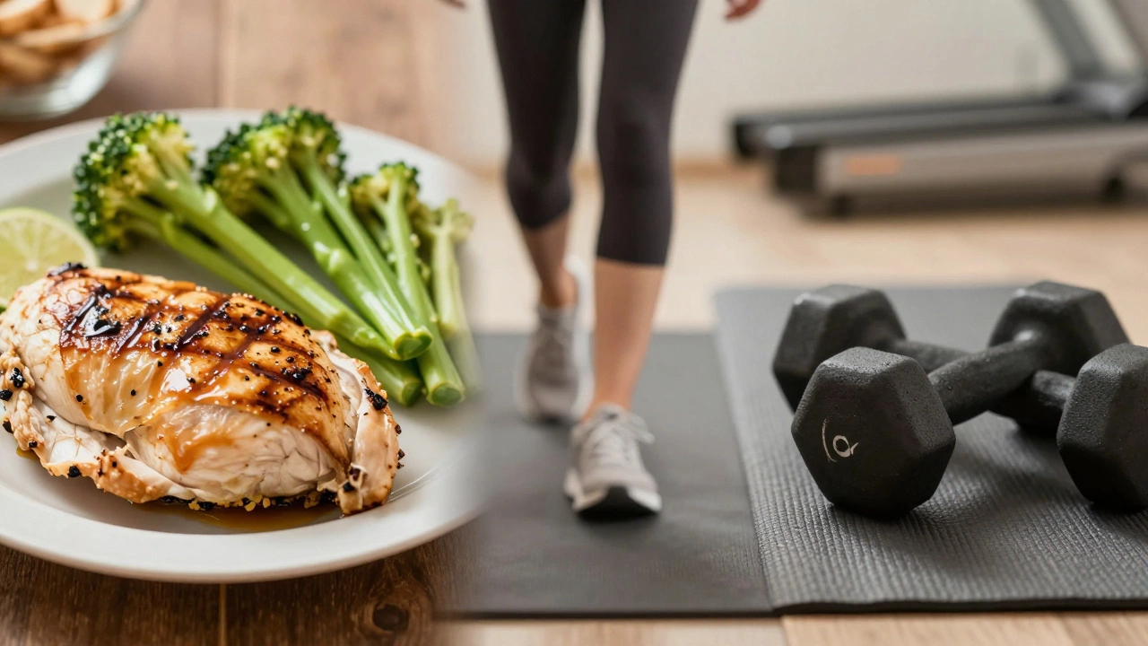 Healthy meal and weights symbolizing balanced fitness strategy