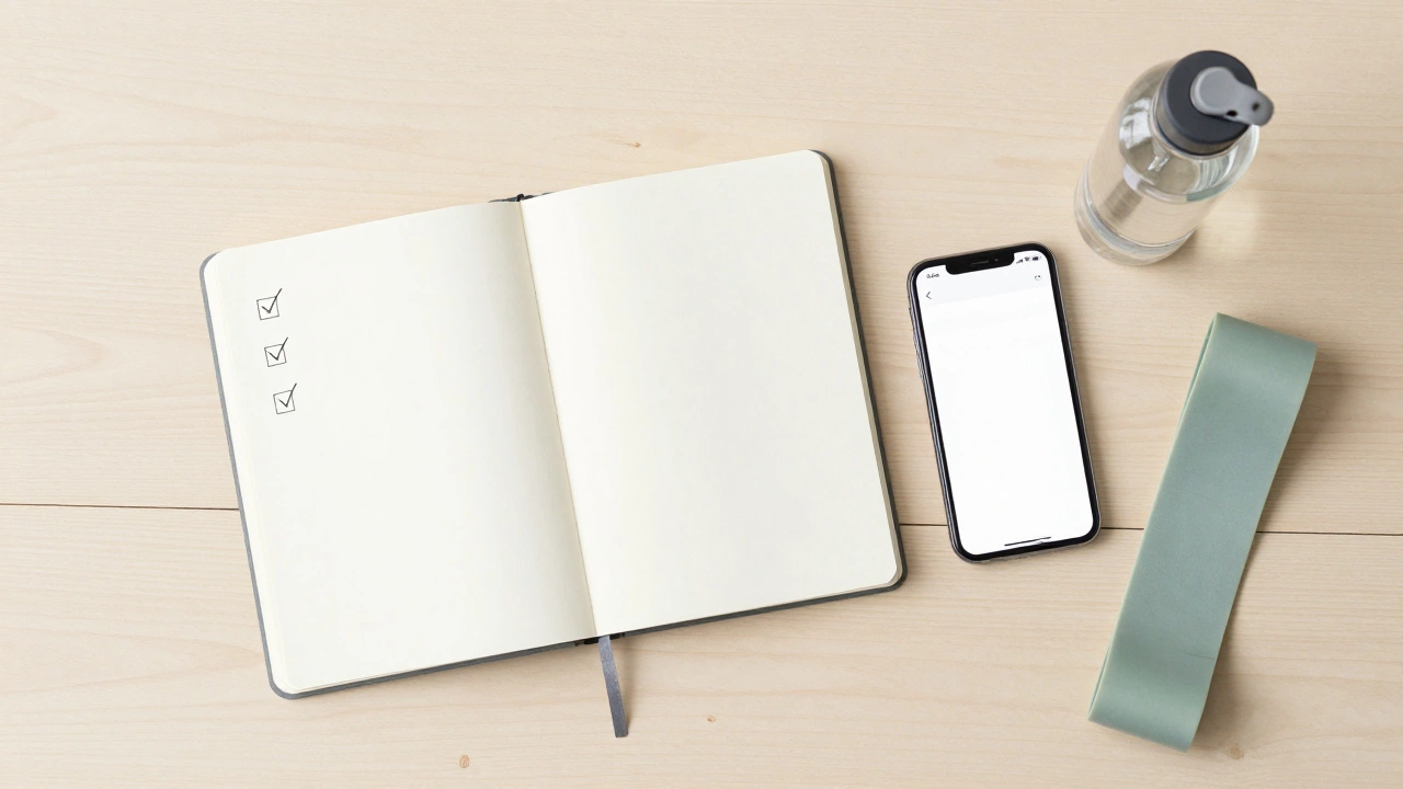 Minimalist desk setup with journal, water bottle, and resistance band for habit tracking