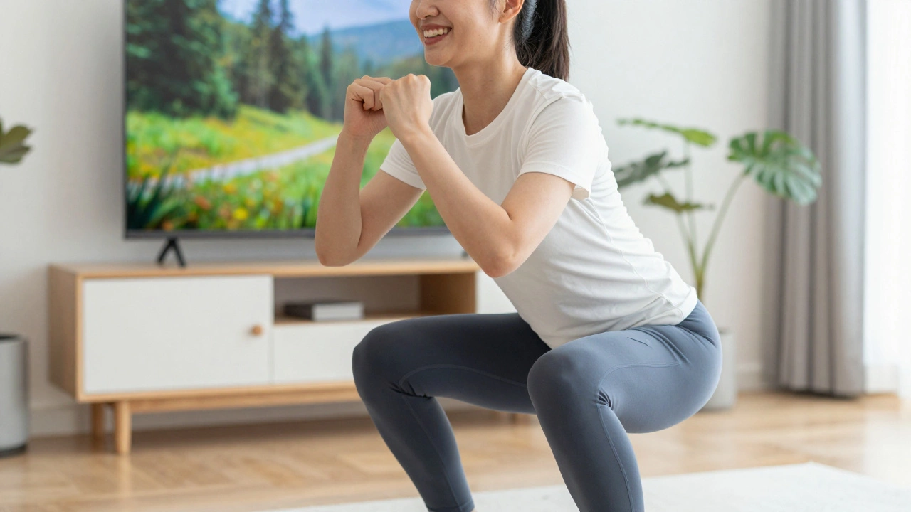 Smiling person doing a bodyweight squat at home while watching TV in natural light