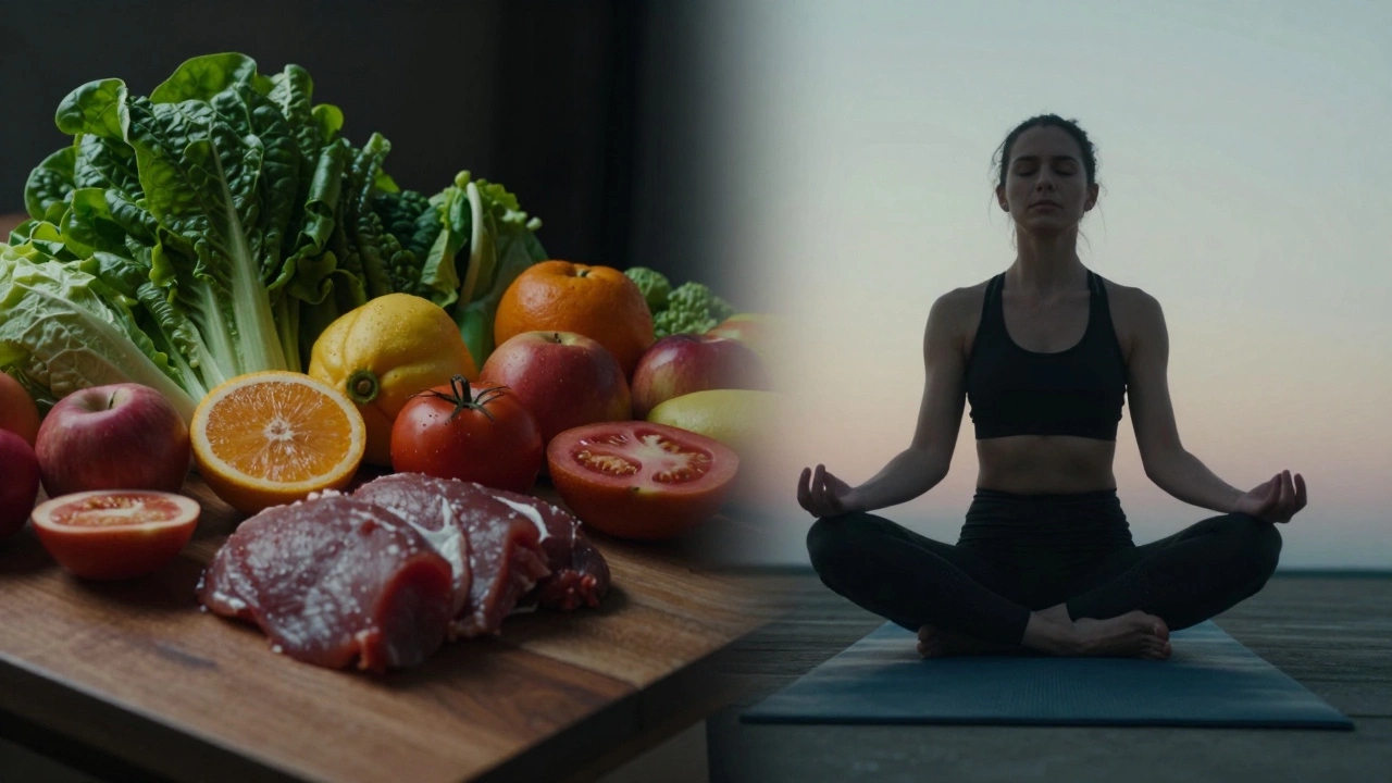 Split image of healthy food and person in relaxing Child's Pose