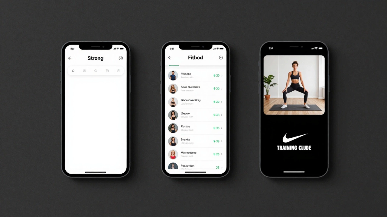 Three phones showing different fitness app interfaces