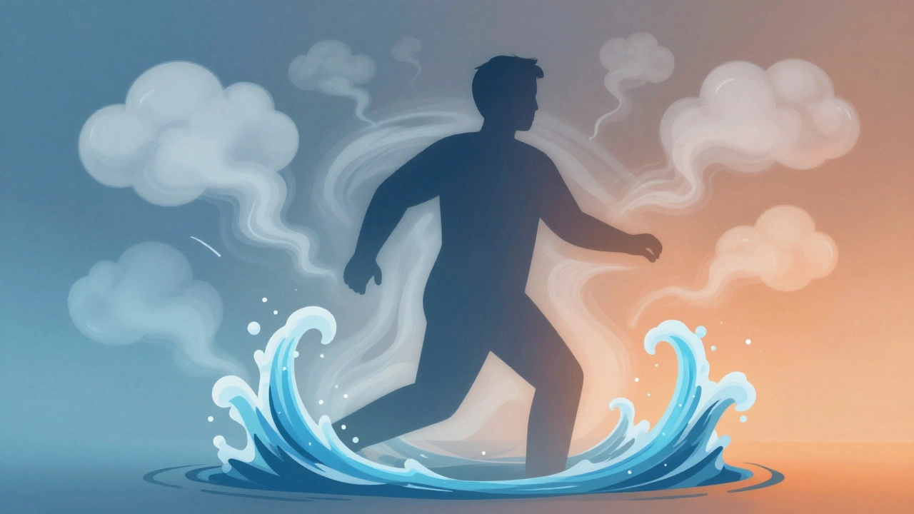 Abstract art showing a figure fluctuating with water waves, representing yo-yo dieting.