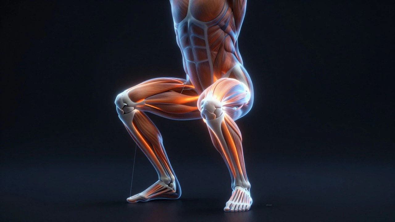Anatomical view highlighting muscles engaged during a deep squat