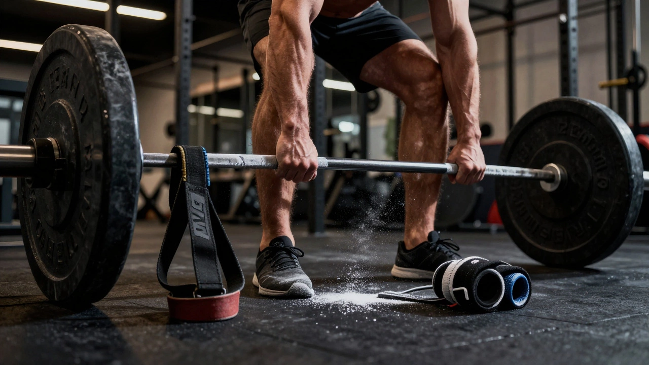 Chalked hands gripping a barbell with lifting straps and resistance bands.