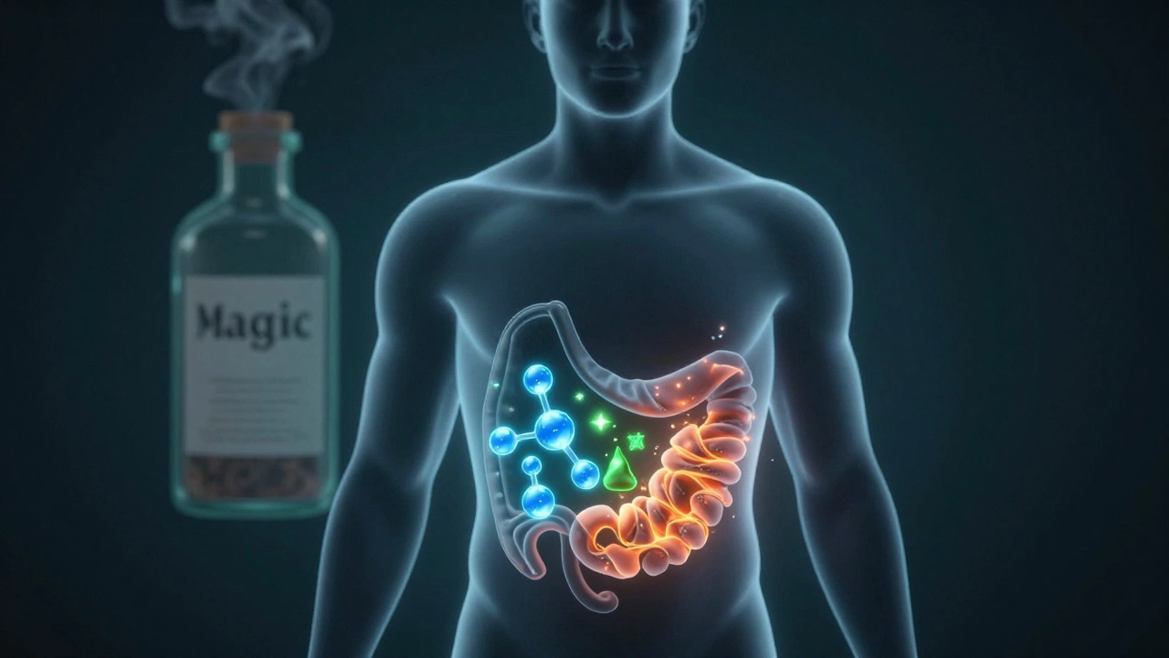 Conceptual art showing metabolism processes inside a body silhouette vs magic potion.