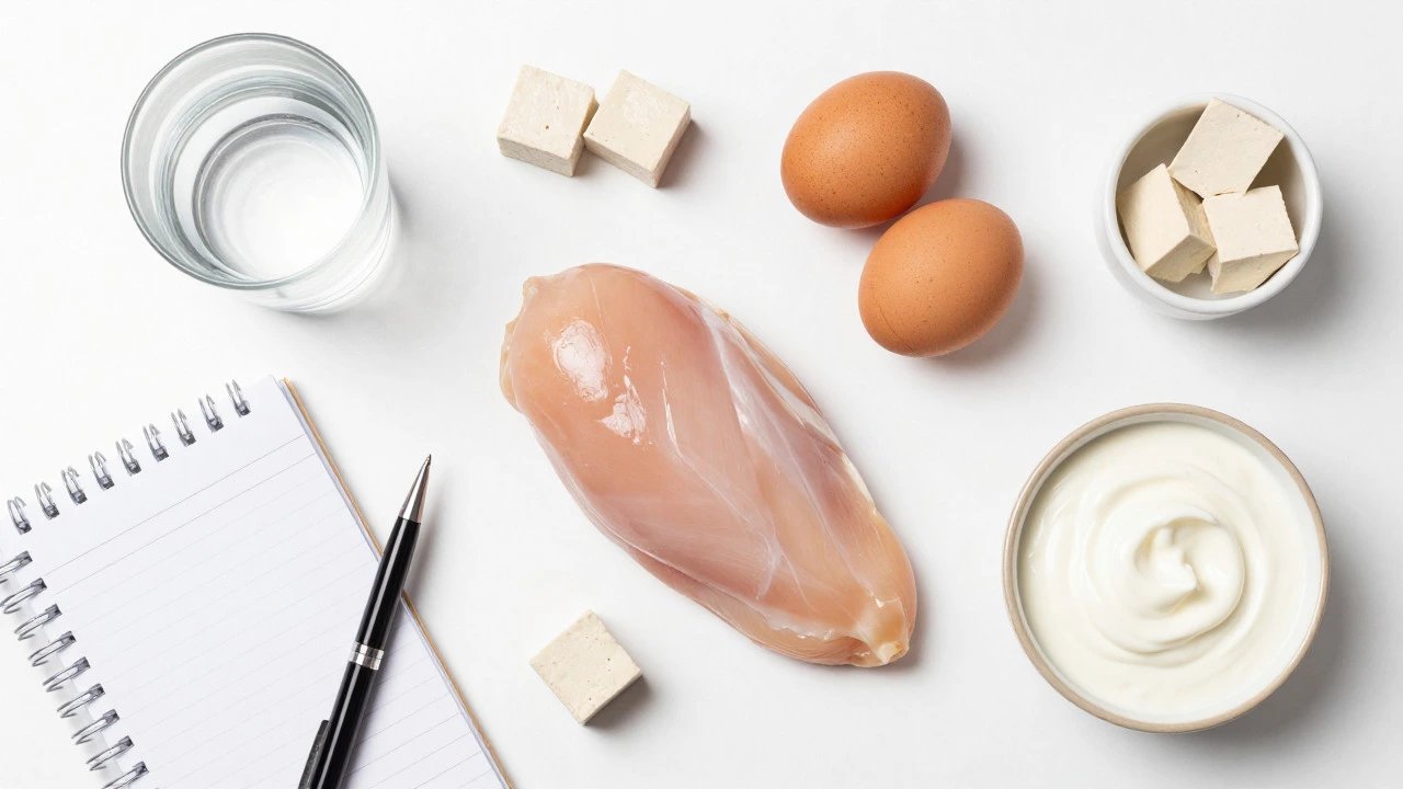 Flat lay of healthy protein foods, water, and workout journal