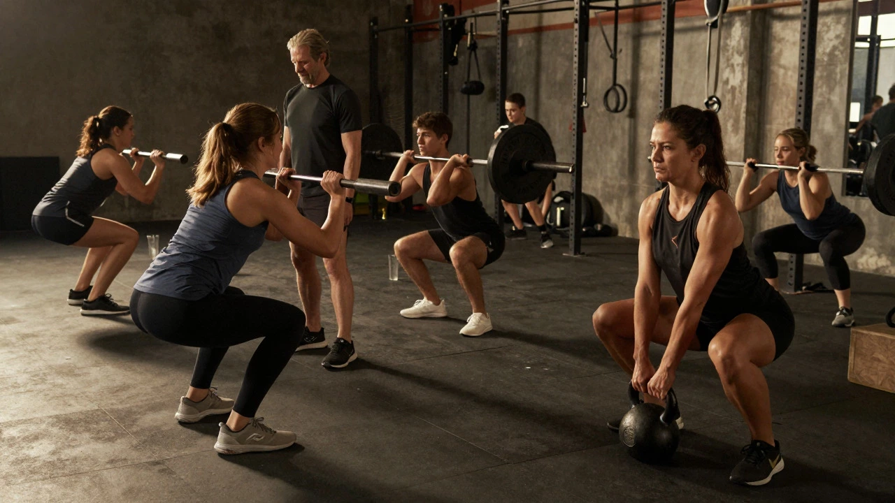 Group practicing various squat techniques like goblet and barbell squats
