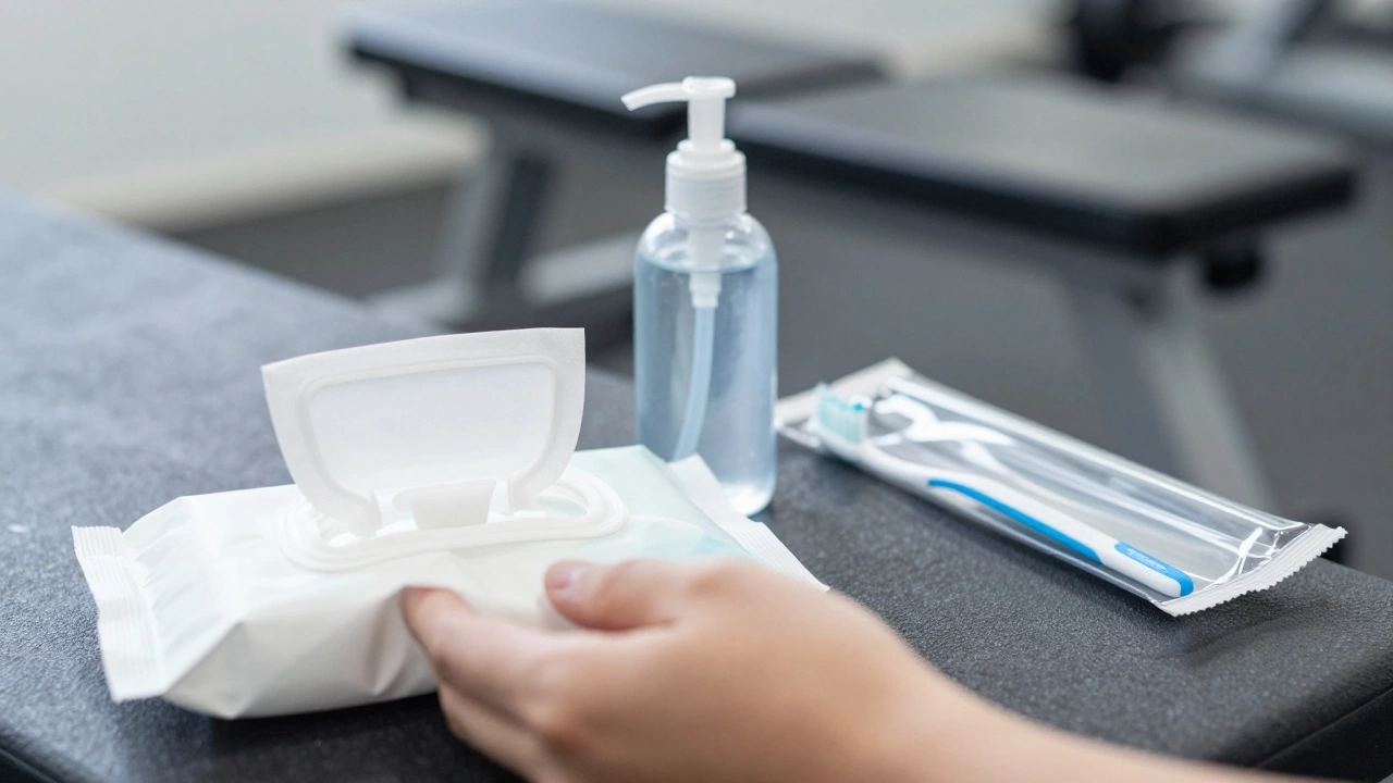 Gym hygiene items like disinfectant wipes, sanitizer, and toothbrush kit.