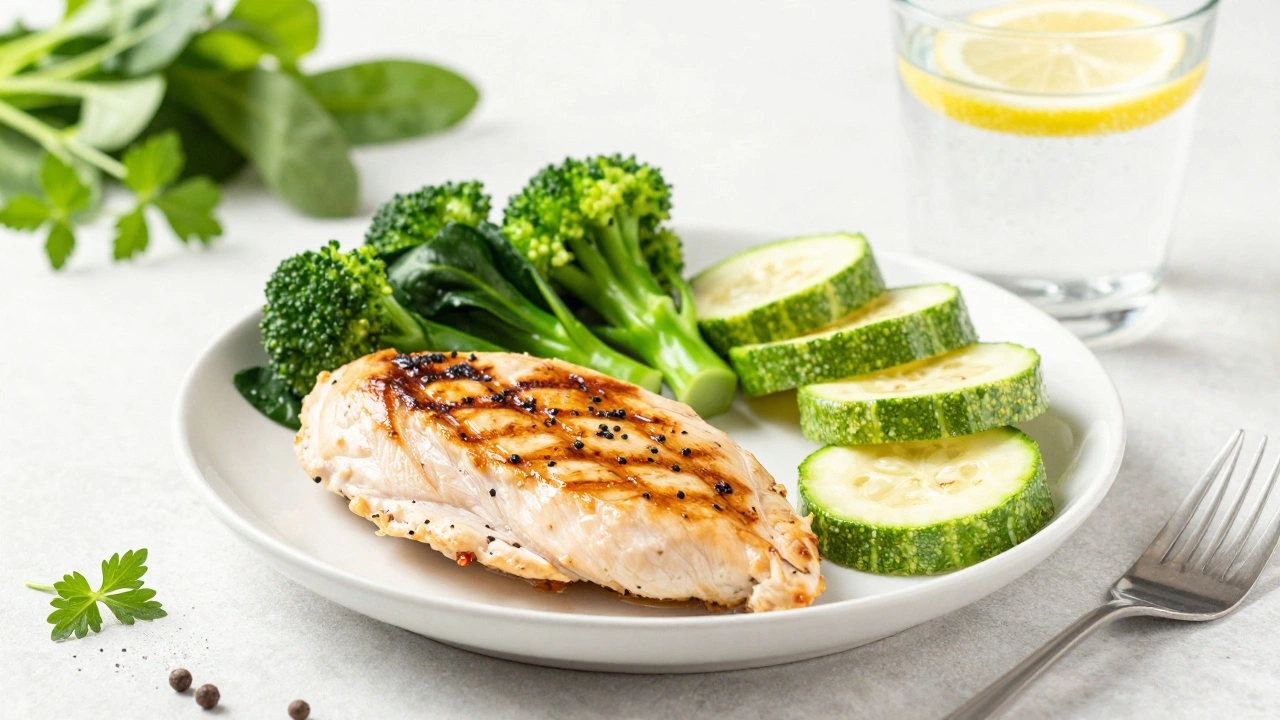 Healthy meal with chicken, vegetables, and water on a bright kitchen table.