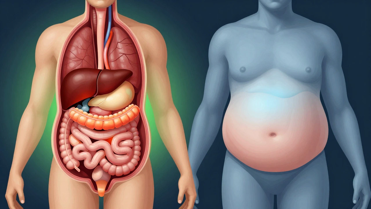 Illustration comparing visceral fat around organs with subcutaneous fat under skin