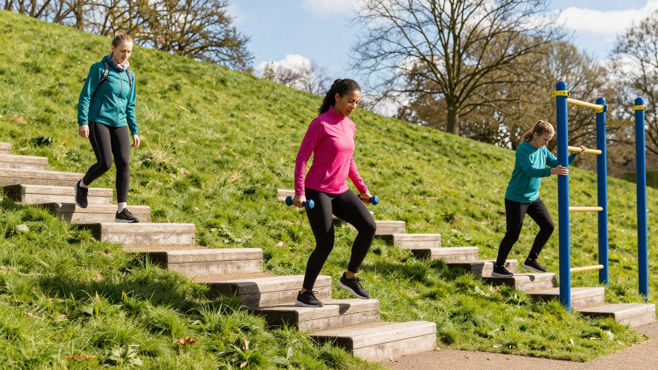 People doing outdoor hill hikes and stair climbs
