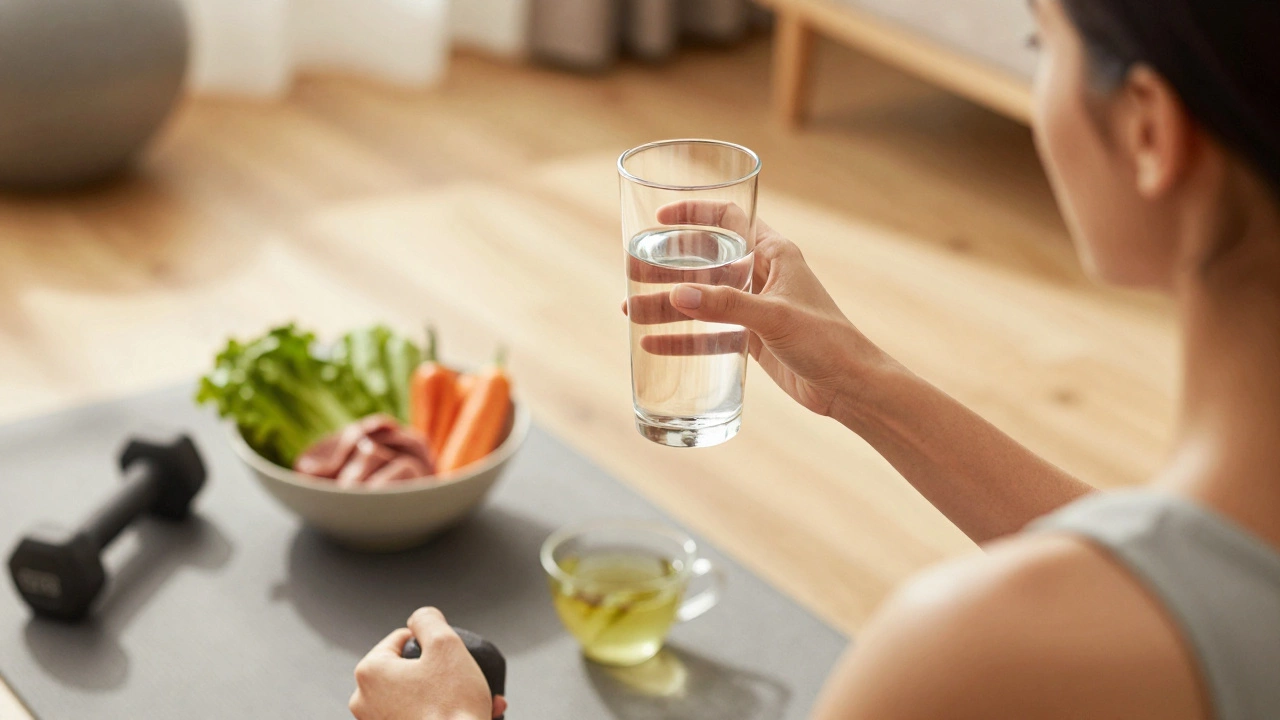 Person holding water and weights next to healthy food, symbolizing holistic health.