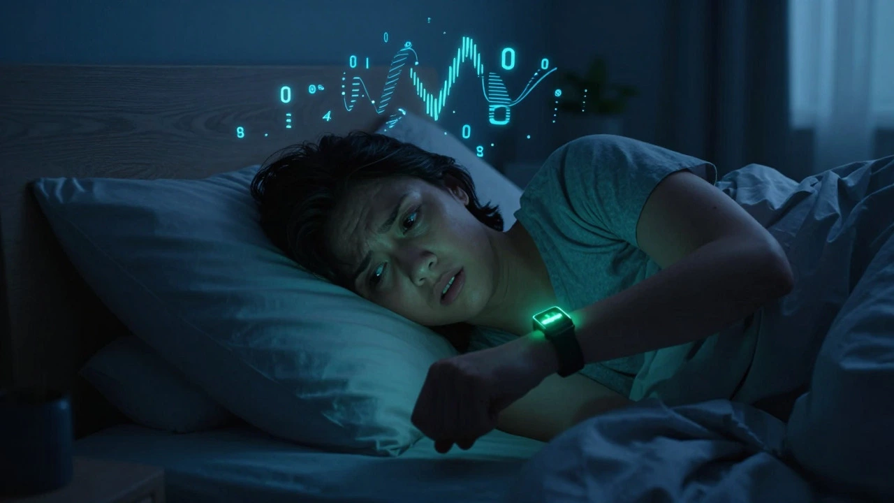 Person in bed anxious about glowing fitness tracker sleep data
