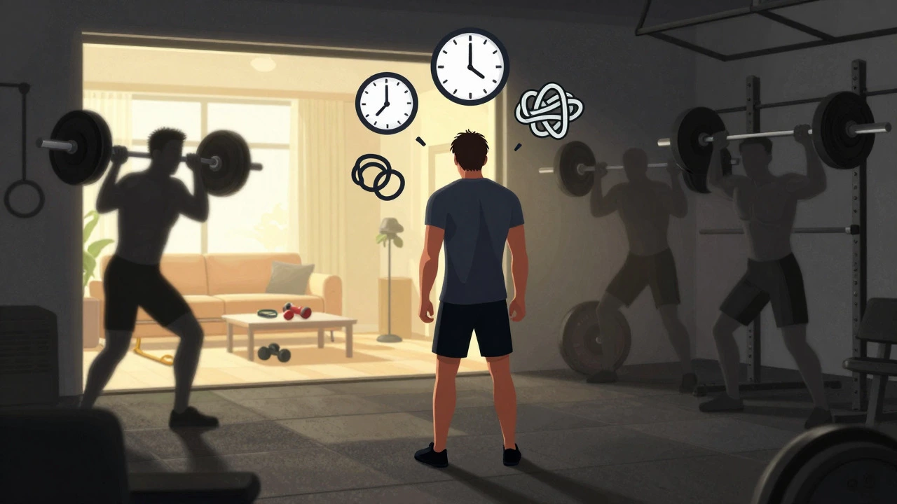 Person intimidated by gym vs relaxed home workout setup