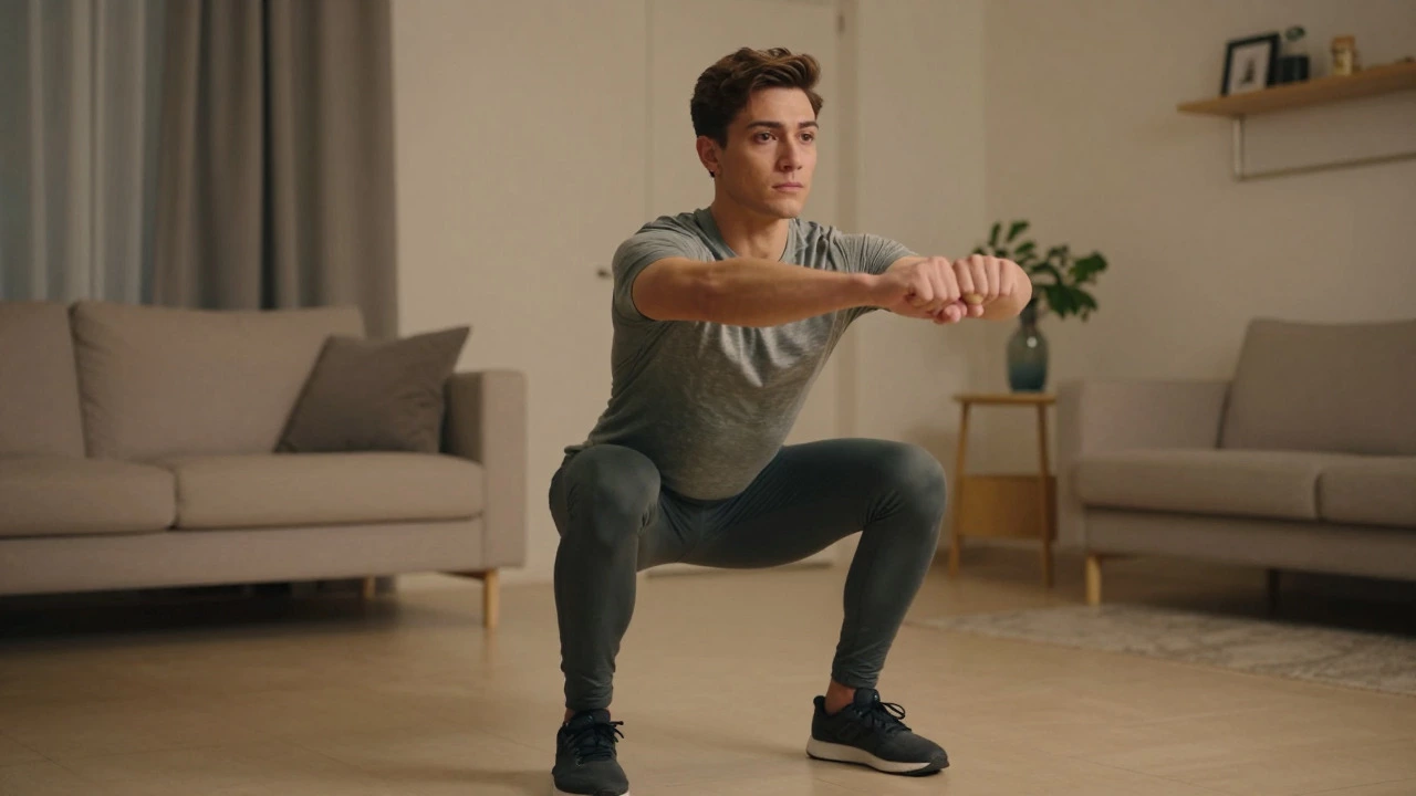Person performing proper bodyweight squats in a home environment