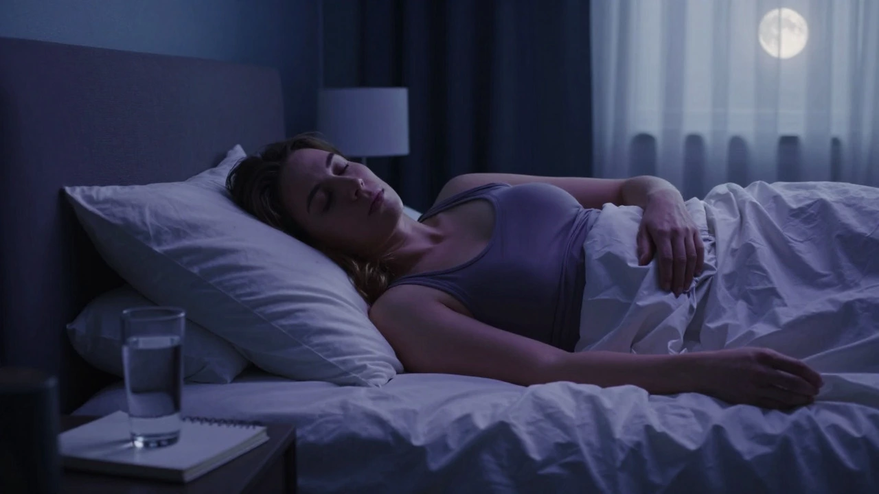 Person sleeping peacefully in a dark bedroom to reduce stress and aid fat loss