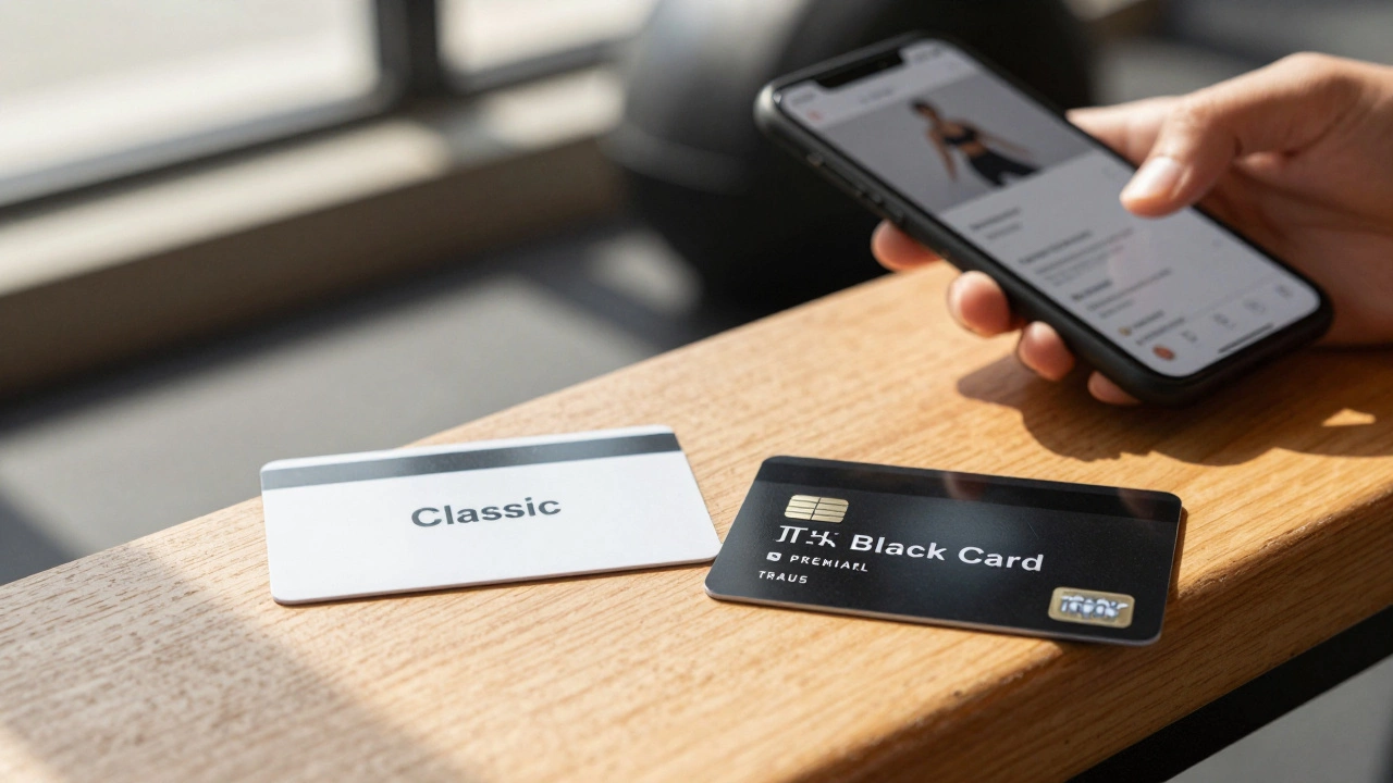 Two gym membership cards on a bench with a person checking a phone in the background.