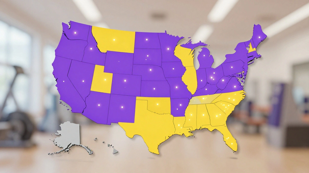 US map showing purple-highlighted states with gym locations, excluding Alaska and Hawaii.