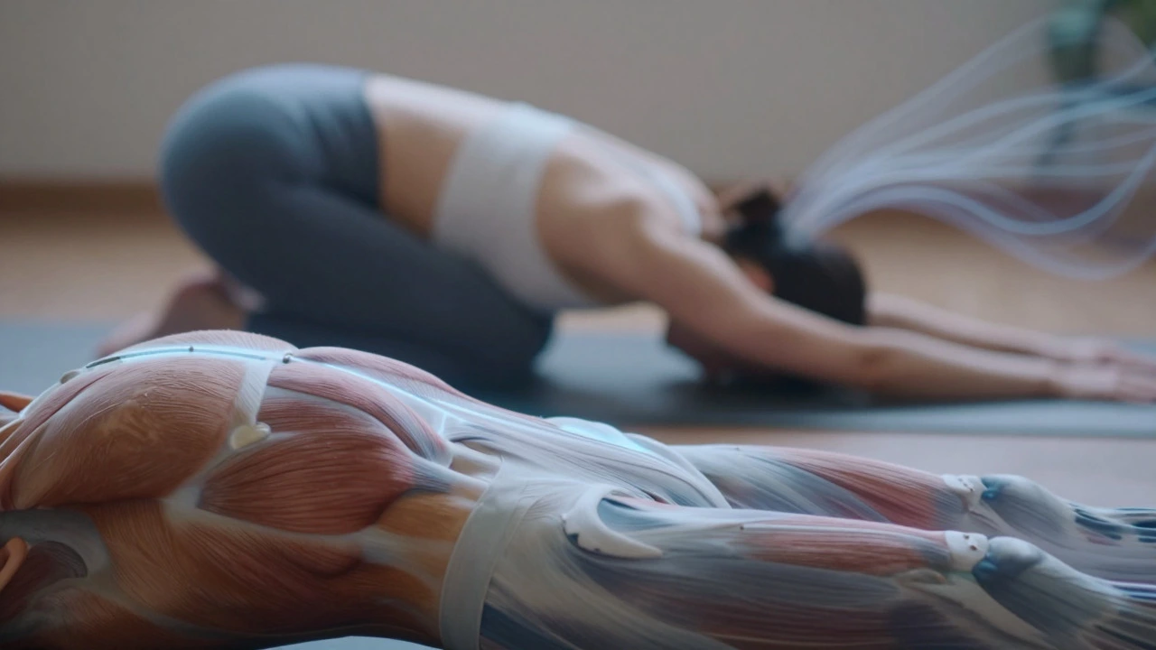 Anatomical core muscles glowing next to a stretching figure