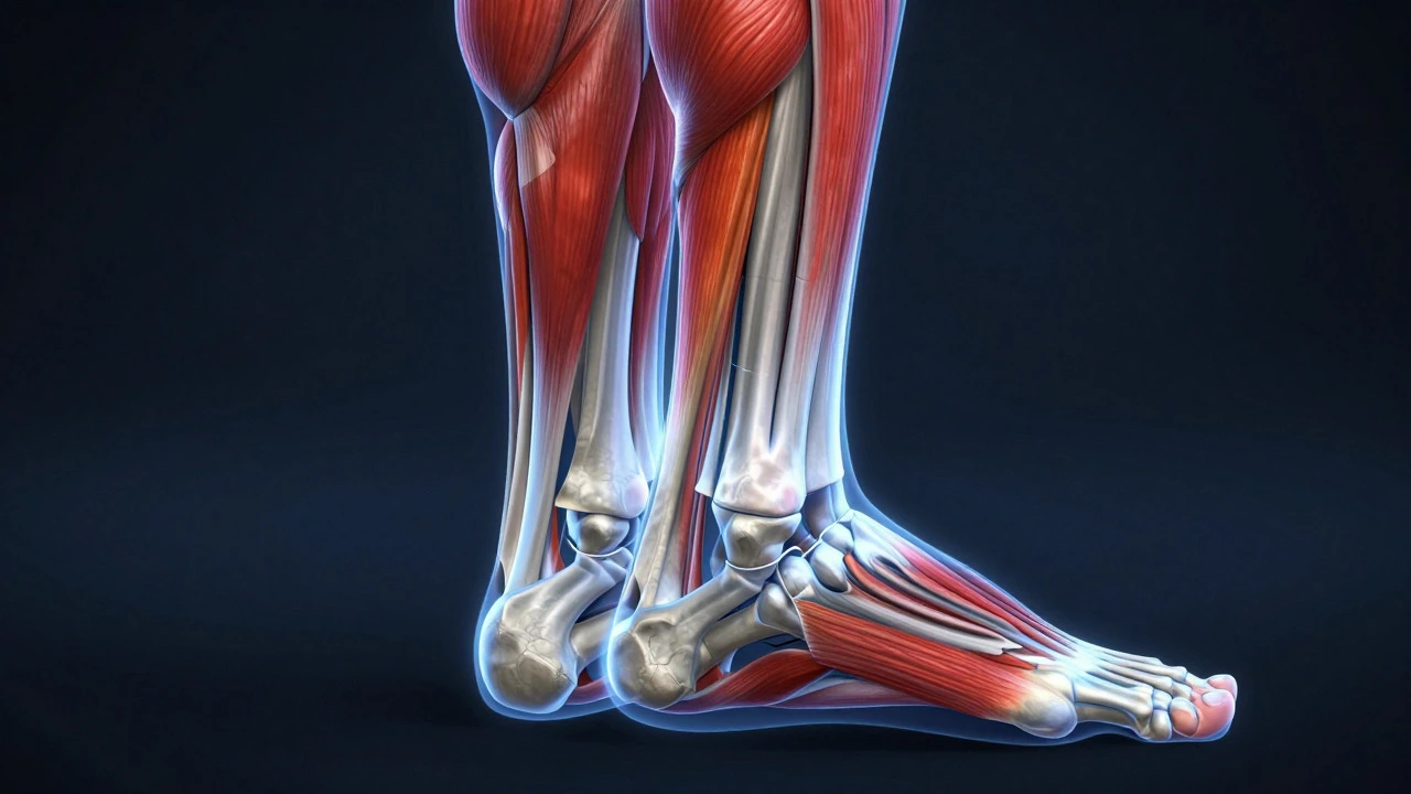 Anatomical illustration of leg muscles and tendons