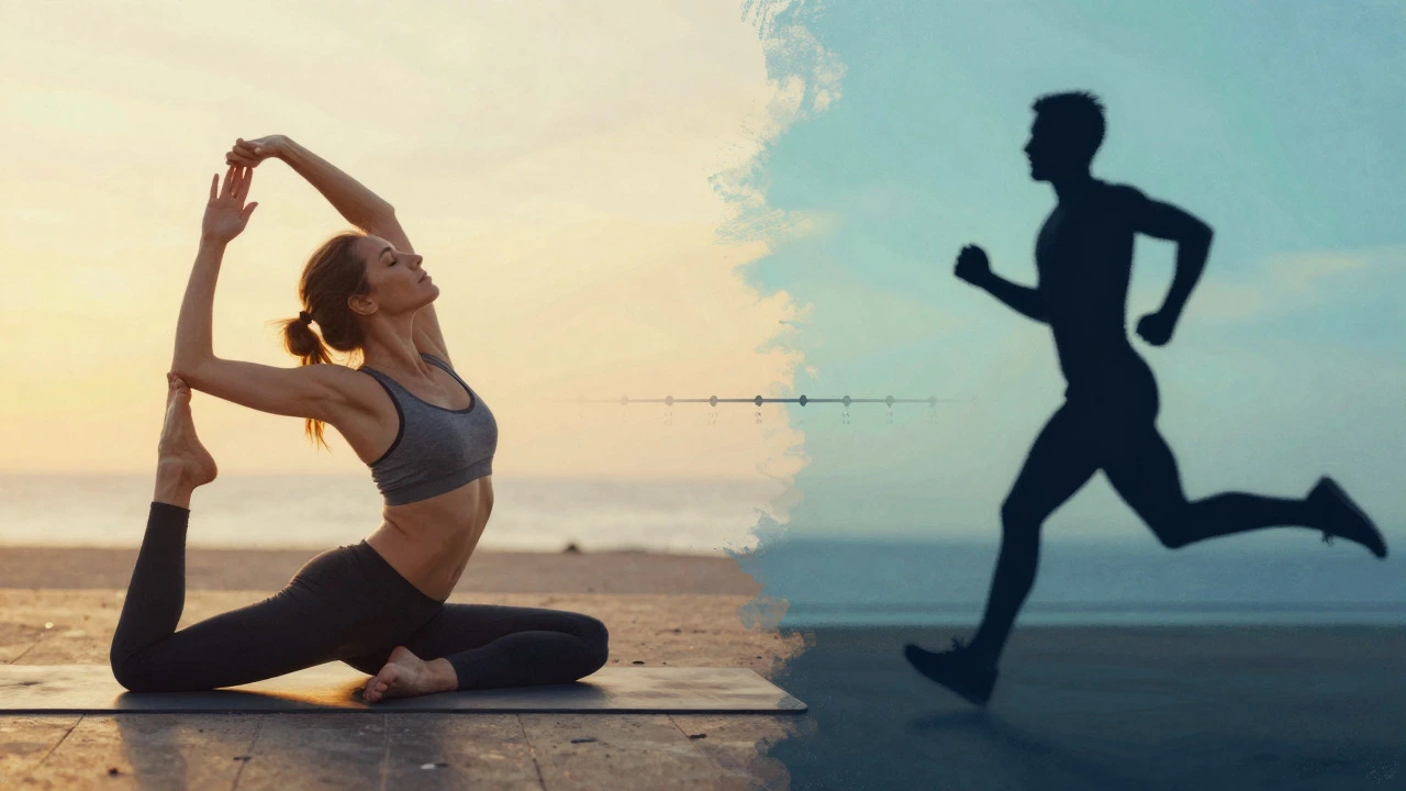 Artistic depiction of balancing yoga stretches and cardio for consistent fitness