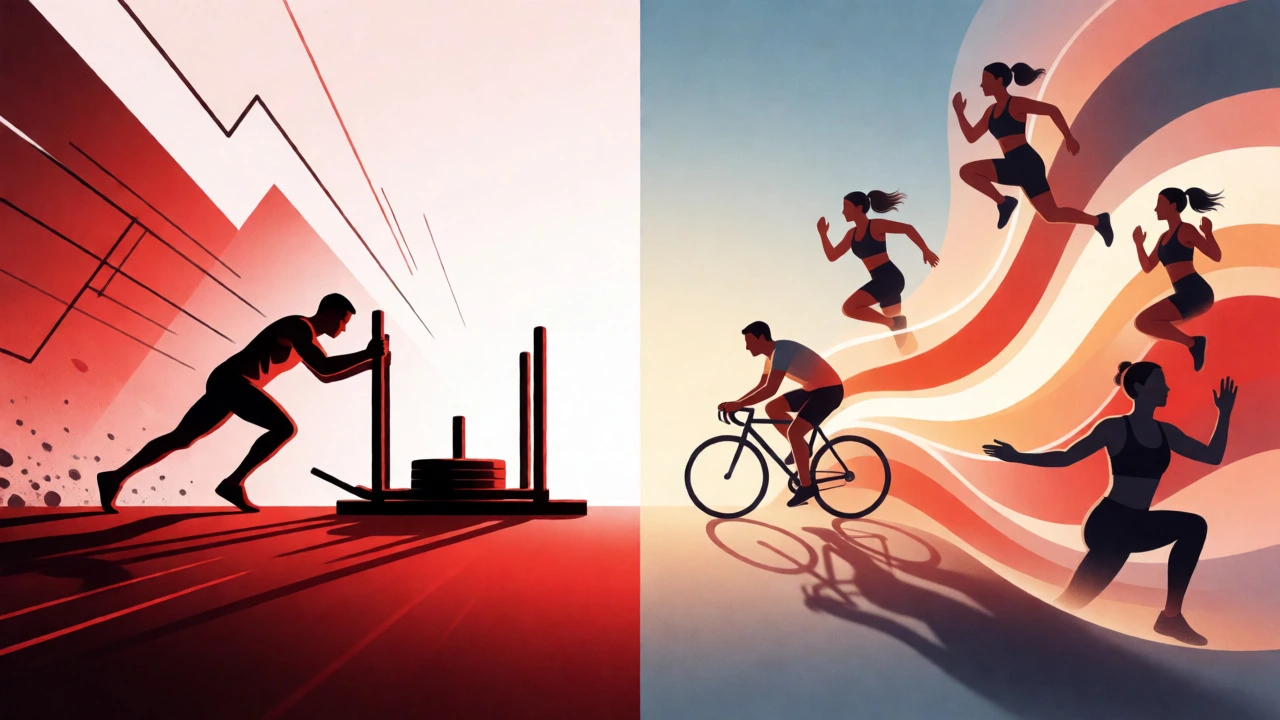 Artistic split-screen comparing rigid Tabata intensity with flexible HIIT variety