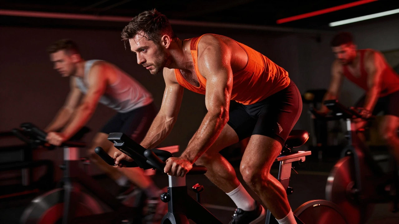 Athlete cycling intensely on a stationary bike