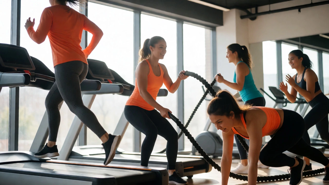 Diverse group exercising in a bright, modern HIIT fitness studio class