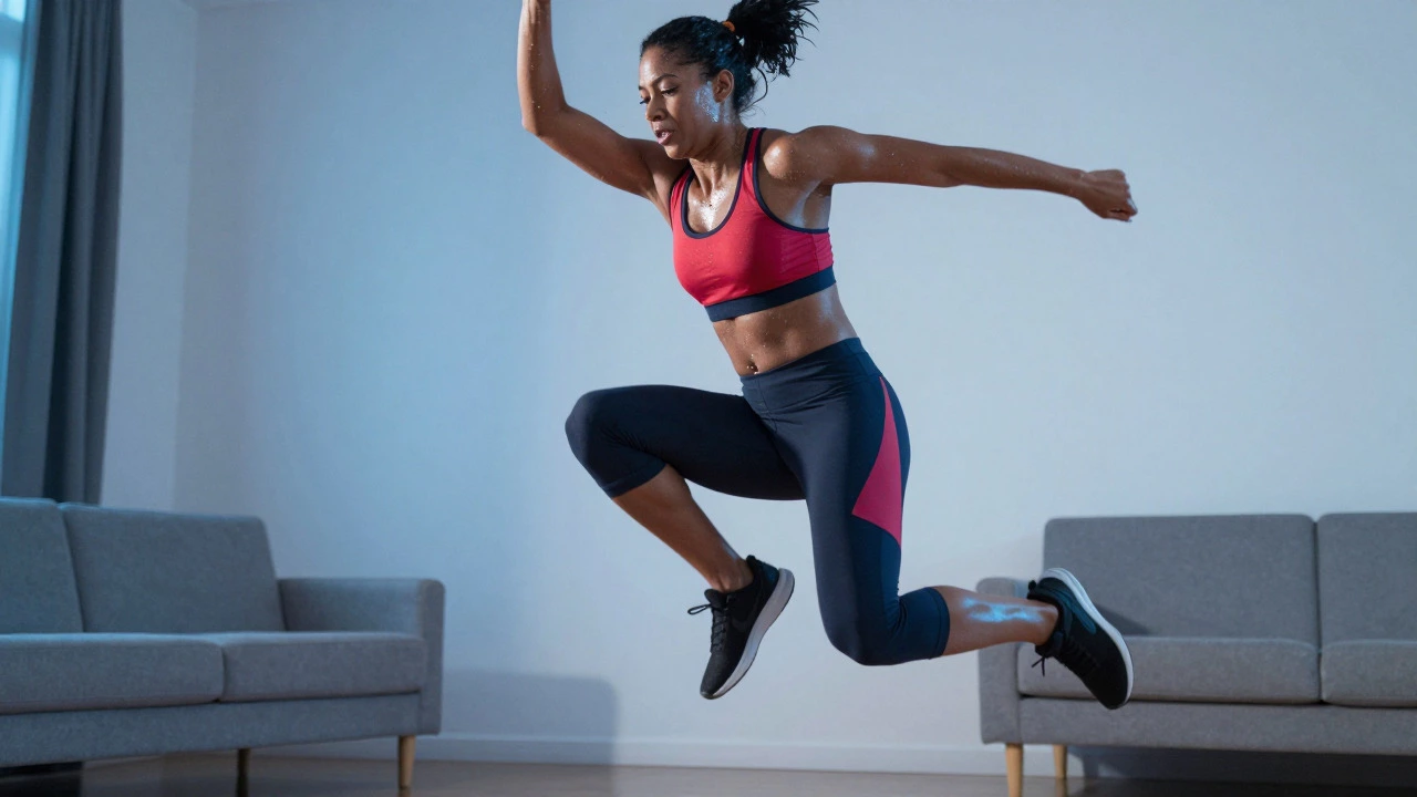 Energetic HIIT workout session with a motivated instructor at home