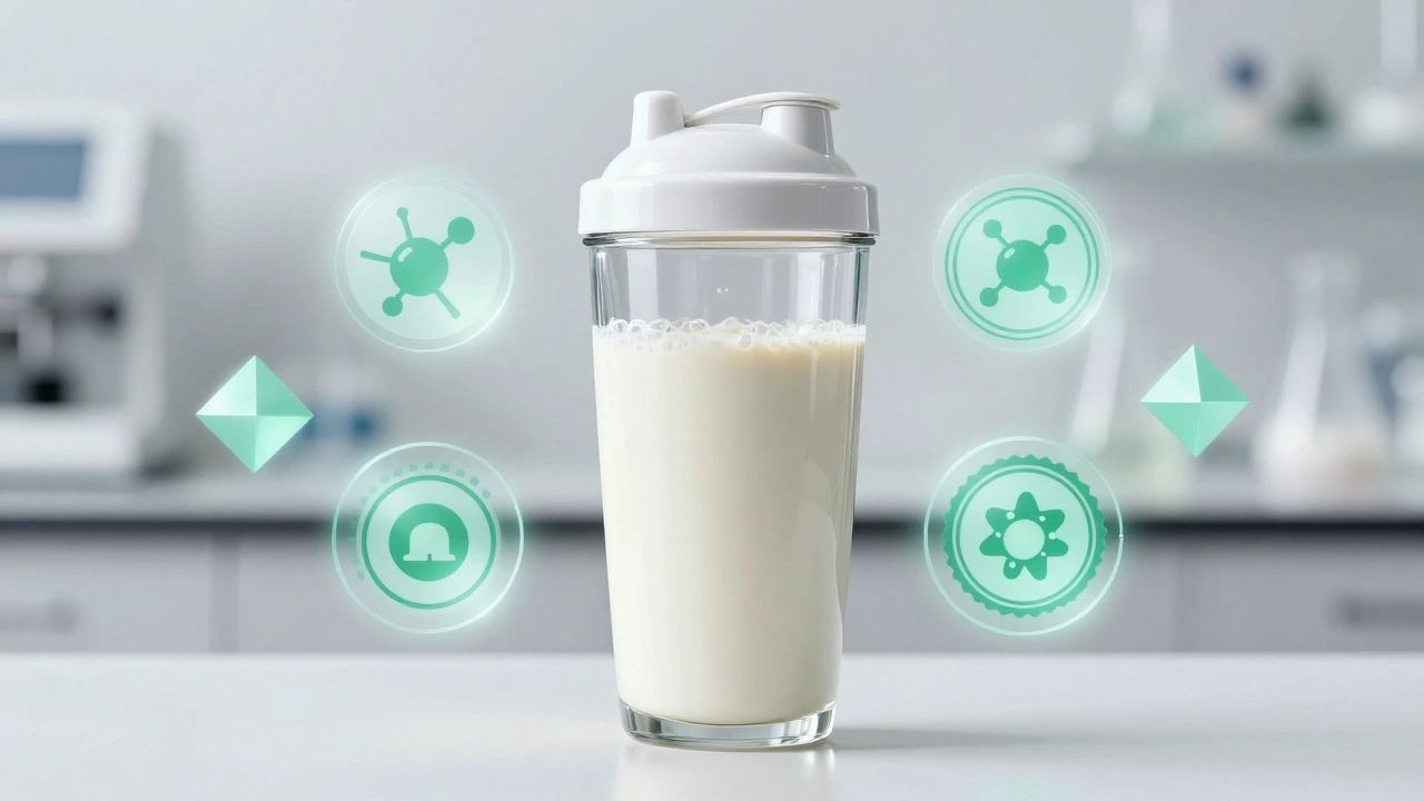 Glass shaker bottle surrounded by abstract purity symbols in a lab