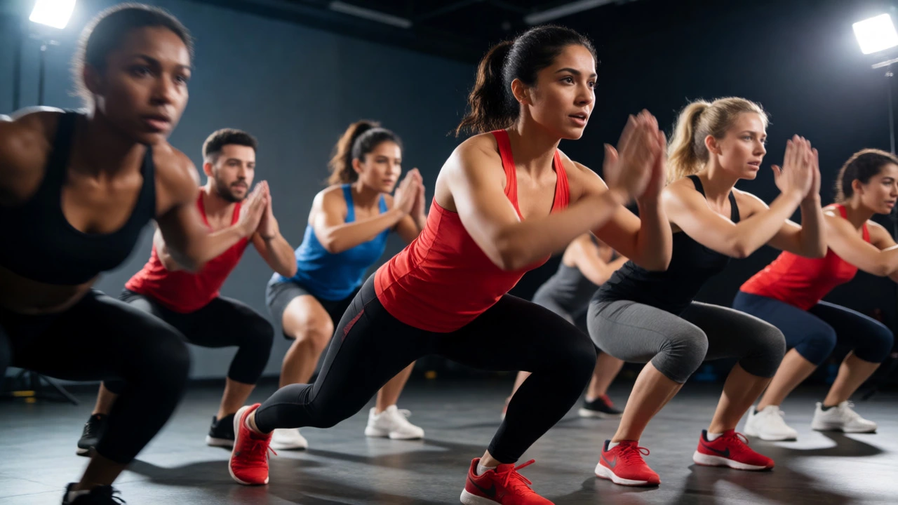 Group doing intense HIIT workout in a studio