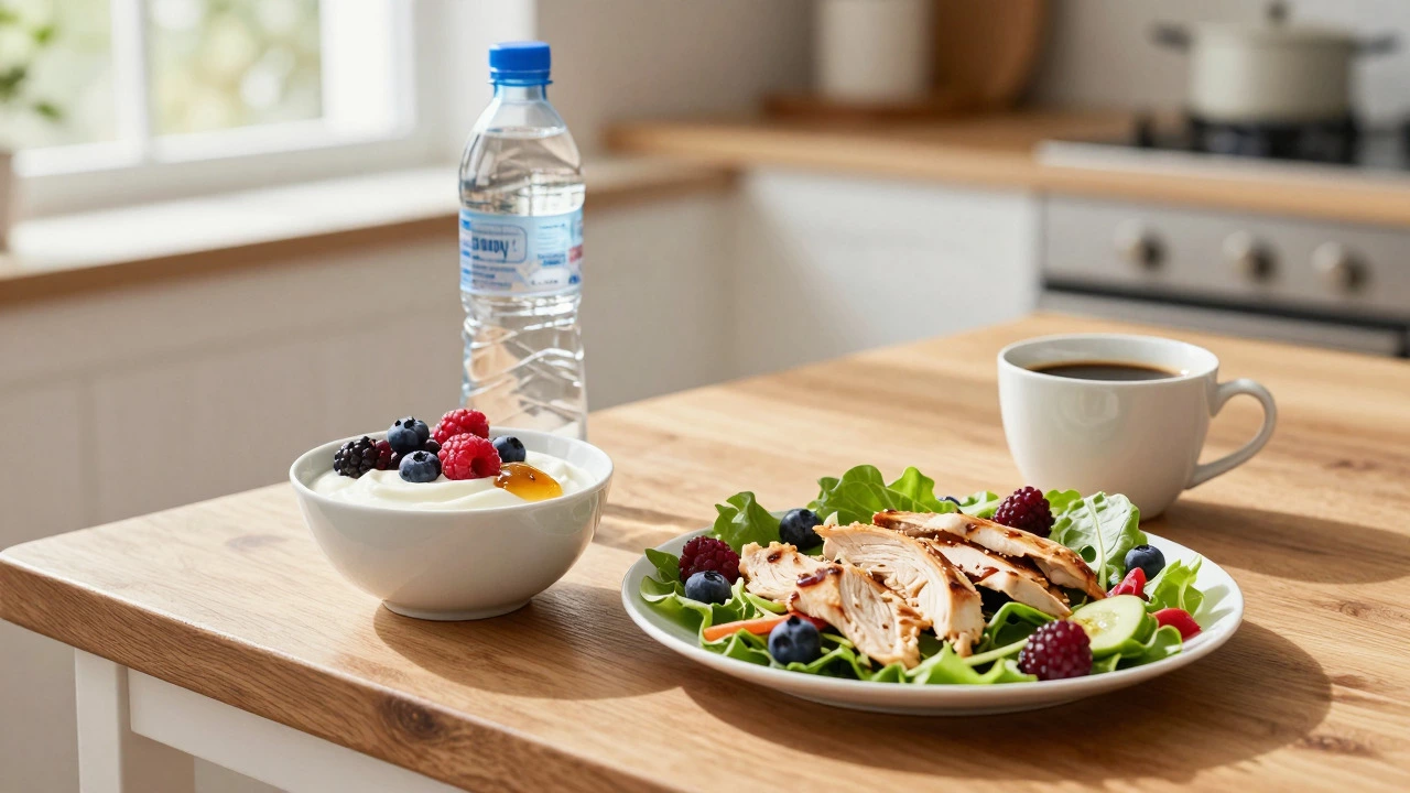 Healthy post-workout meal with yogurt, fruit, and coffee