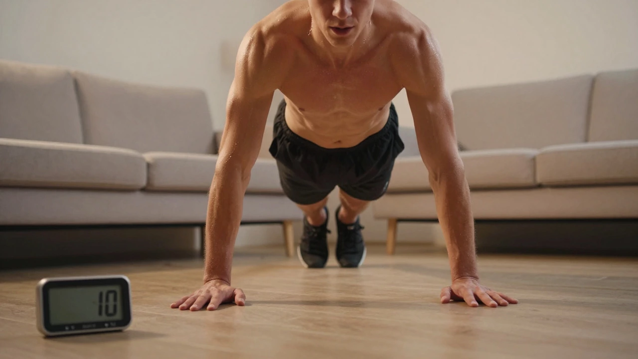 Person doing intense burpee exercise at home