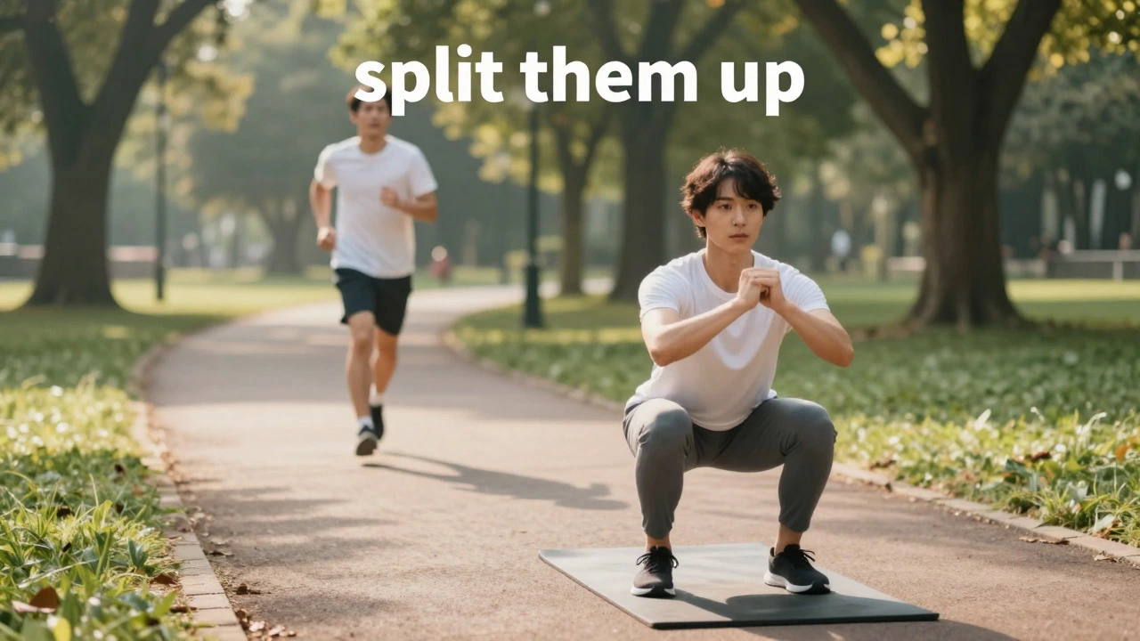 Person doing squats in a park while another jogs in the distance, showing separate workout sessions