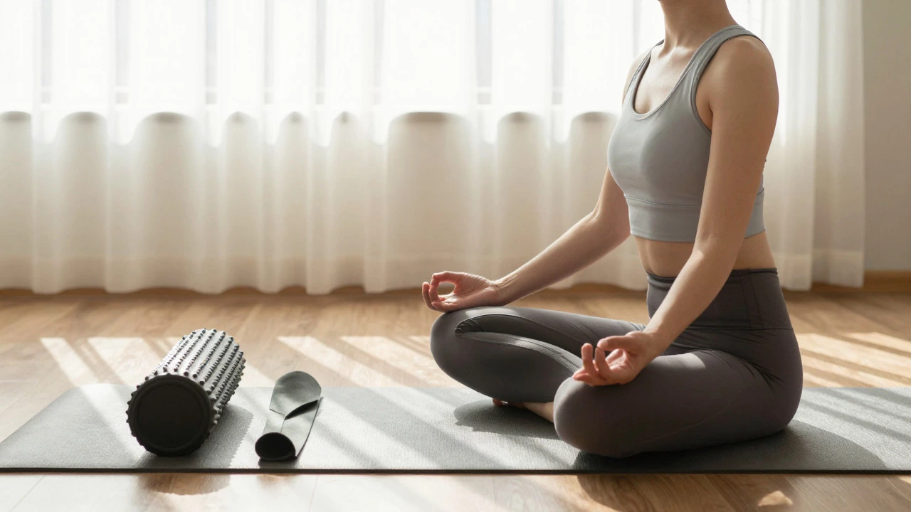 Person meditating with Pilates equipment nearby in sunlight