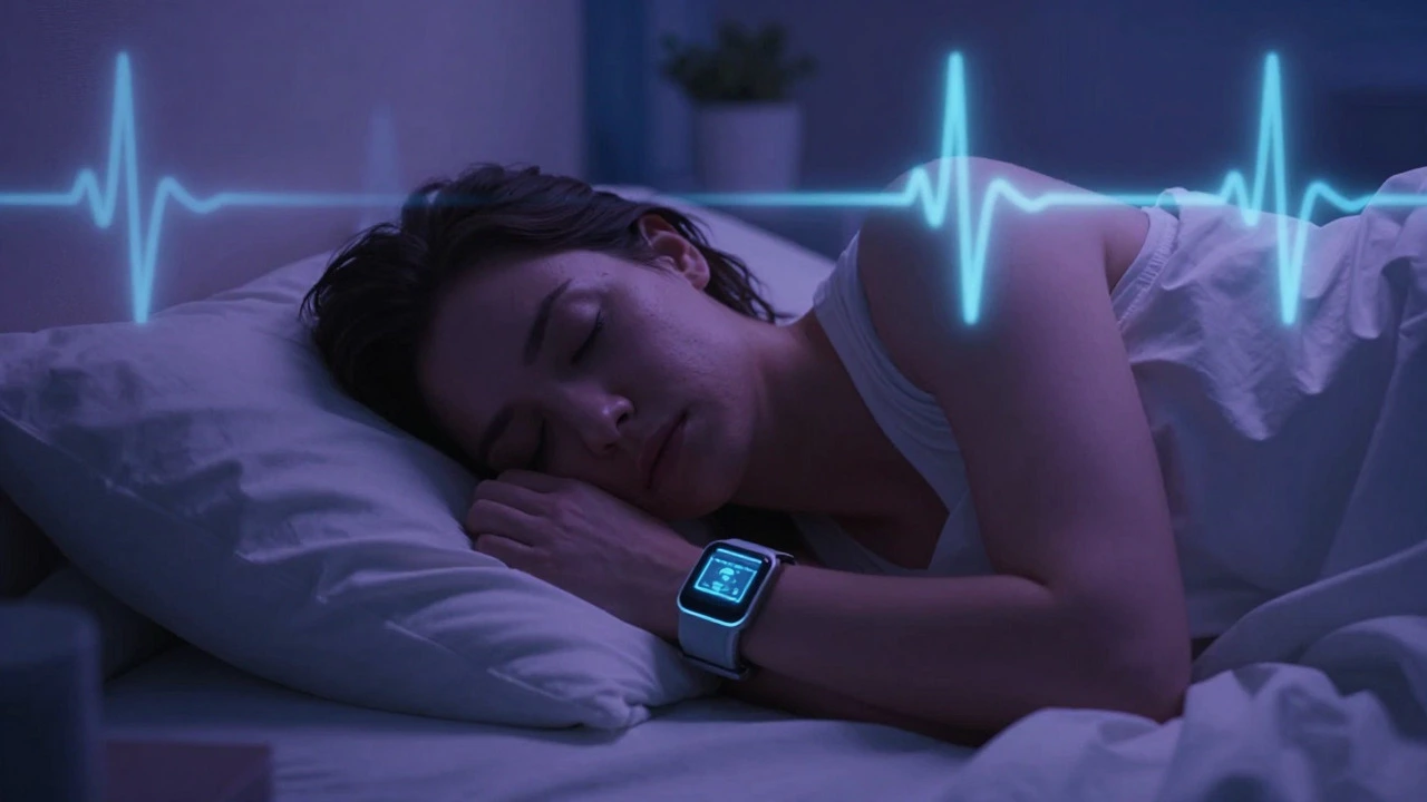 Person sleeping with screenless band and glowing sleep data waves