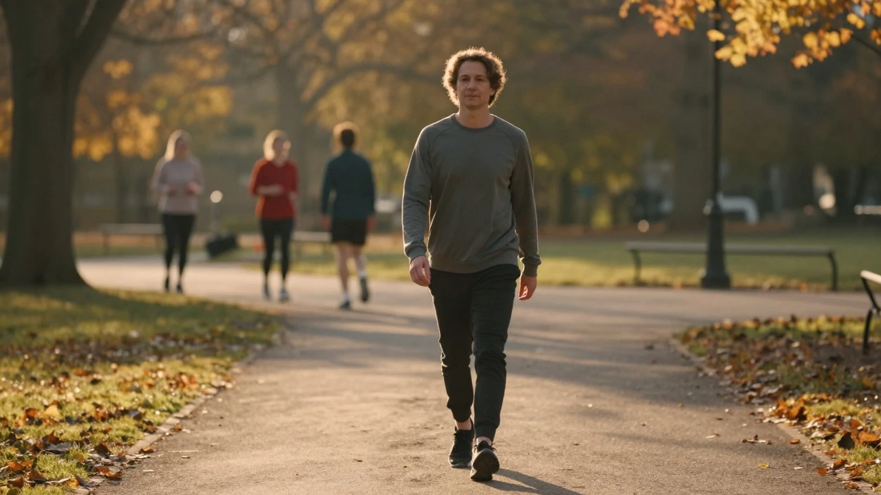 Person walking calmly in park representing active recovery