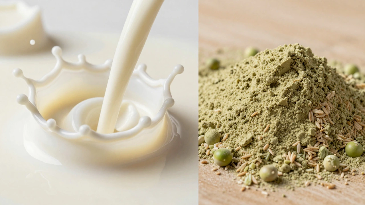 Split view comparing creamy whey protein splash with plant-based powder