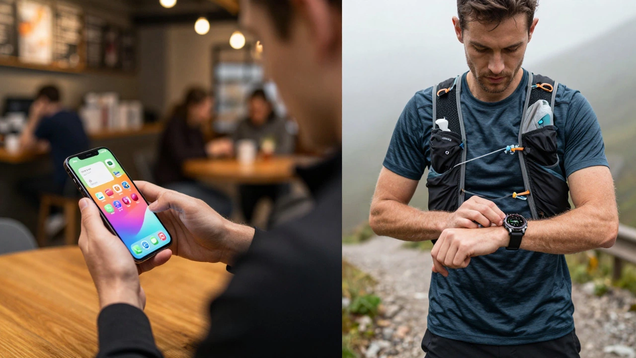 Split view: urban smartwatch user vs outdoor sports watch hiker